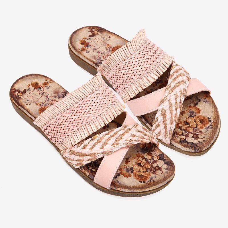 Dam Bohemian Cross Strap Weave Tofs Öppen Tå Casual Beach Flat Sandaler