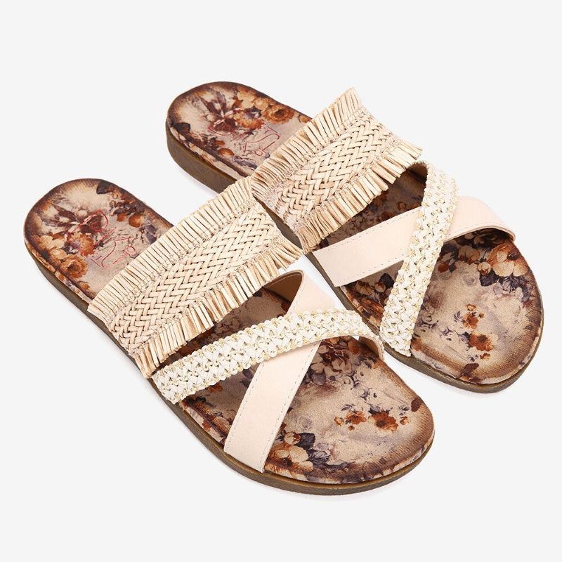 Dam Bohemian Cross Strap Weave Tofs Öppen Tå Casual Beach Flat Sandaler