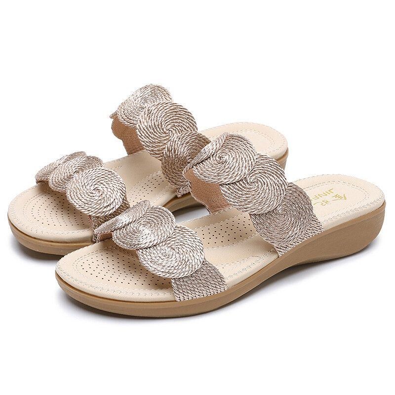 Dam Bohemian Double Band Woven Beach Casual Wedges Sandaler