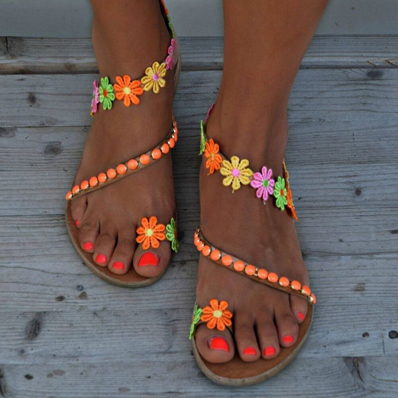 Dam Bohemian Flower Decoration Bead Slip On Clip Toe Summer Beach Flat Sandaler