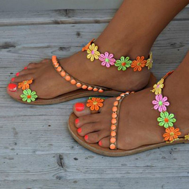 Dam Bohemian Flower Decoration Bead Slip On Clip Toe Summer Beach Flat Sandaler