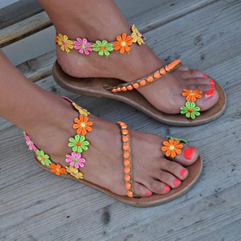 Dam Bohemian Flower Decoration Bead Slip On Clip Toe Summer Beach Flat Sandaler