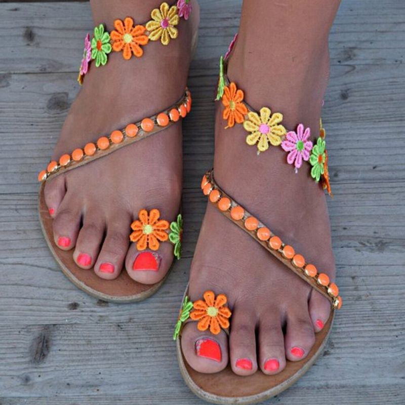 Dam Bohemian Flower Decoration Bead Slip On Clip Toe Summer Beach Flat Sandaler