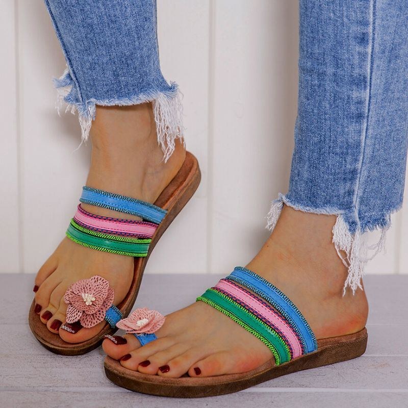 Dam Bohemian Flower Decoration Toe Ring Casual Summer Flat Sandaler