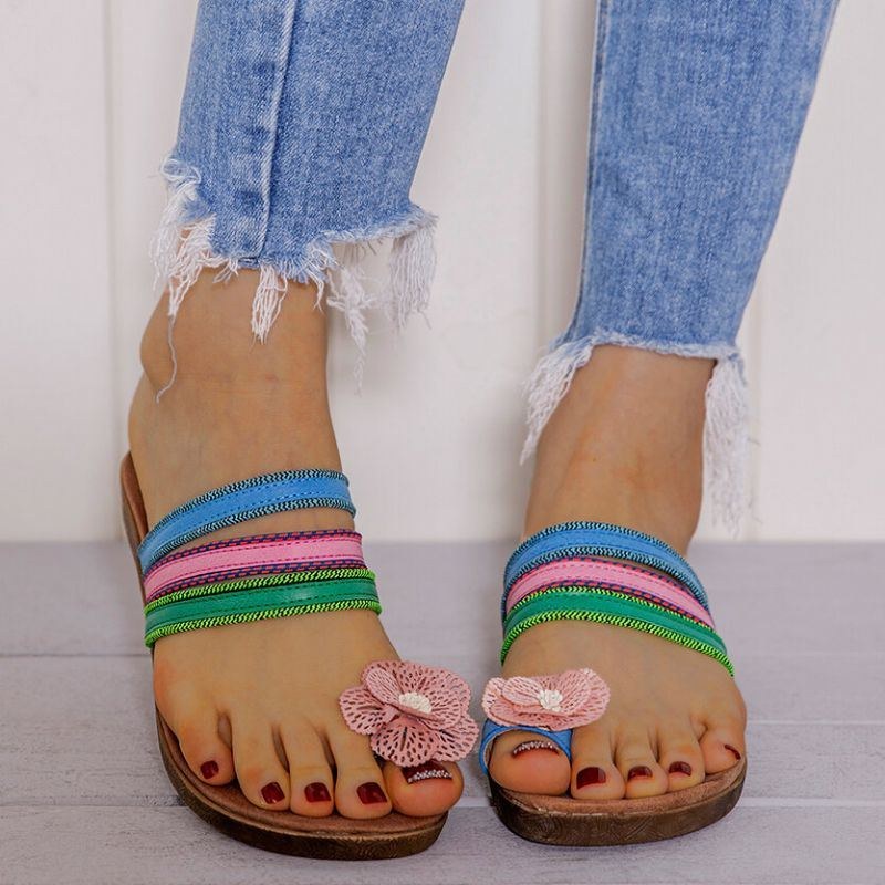 Dam Bohemian Flower Decoration Toe Ring Casual Summer Flat Sandaler