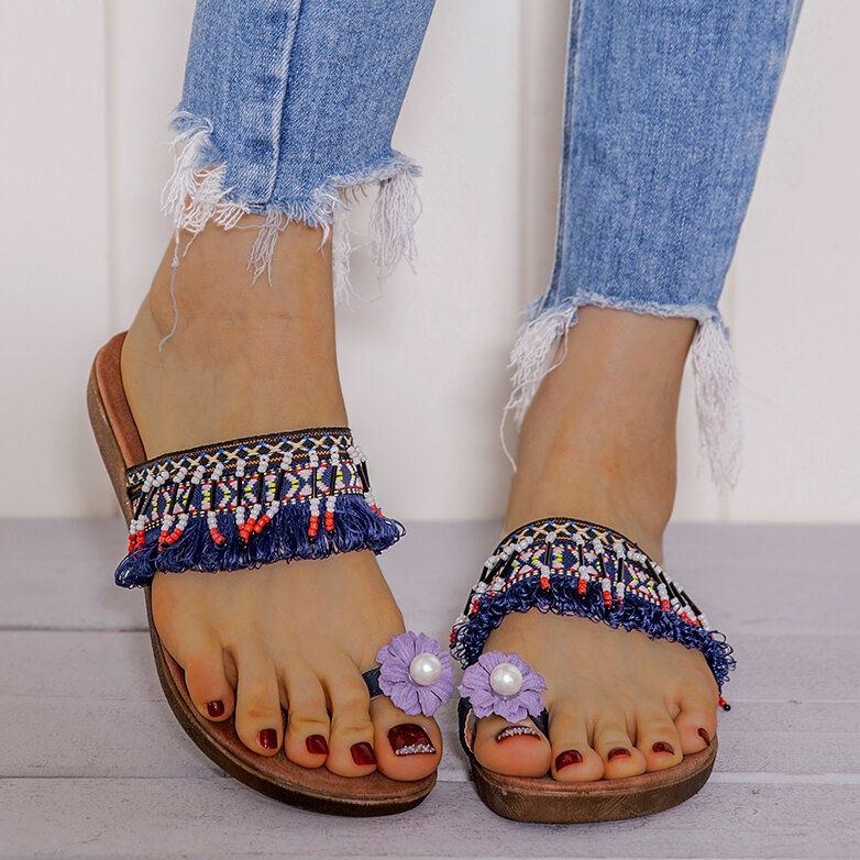 Dam Bohemian Flower Decoration Toe Ring Casual Summer Flat Sandaler