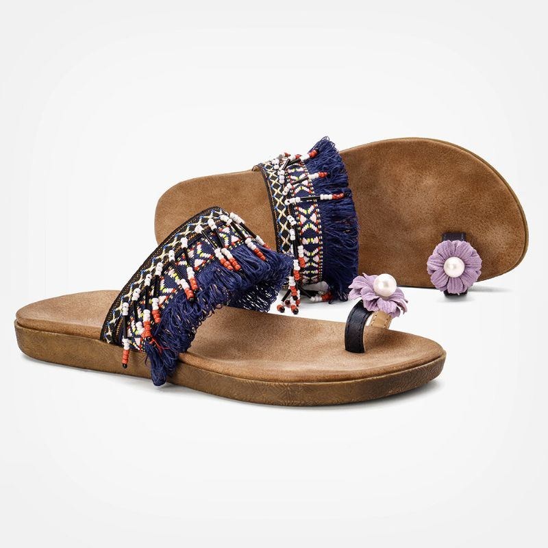 Dam Bohemian Flower Decoration Toe Ring Casual Summer Flat Sandaler