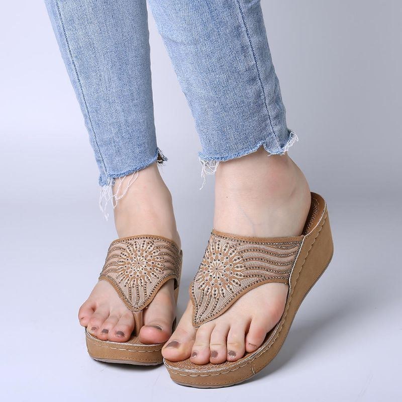 Dam Bohemian Rhinestone Lättvikts Clip Toe Summer Beach Wedge Platform Sandaler