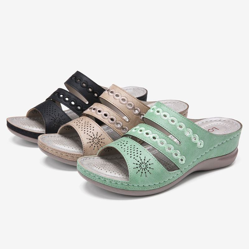 Dam Broderi Cutout Öppen Tå Slip On Casual Wedge Sandaler