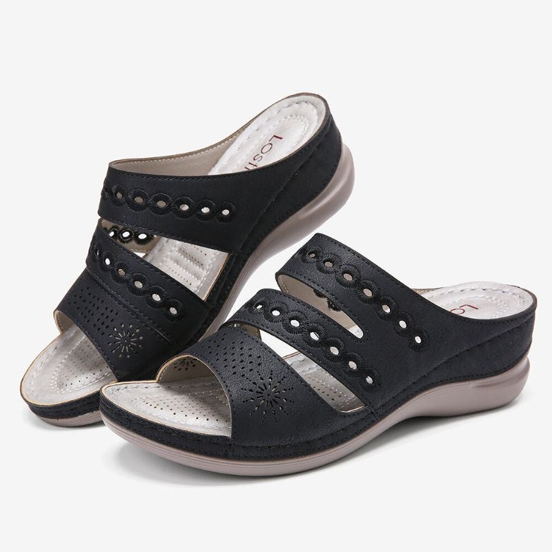 Dam Broderi Cutout Öppen Tå Slip On Casual Wedge Sandaler