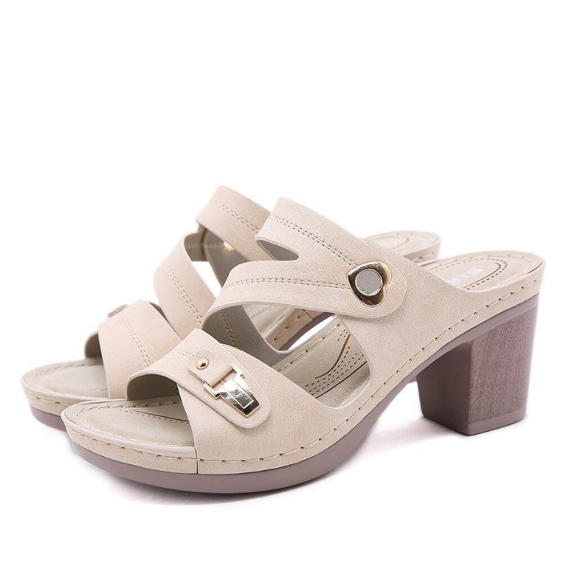 Dam Comfy Metal Spänne Peep Toe Rygglösa Chunky Heel Sandaler