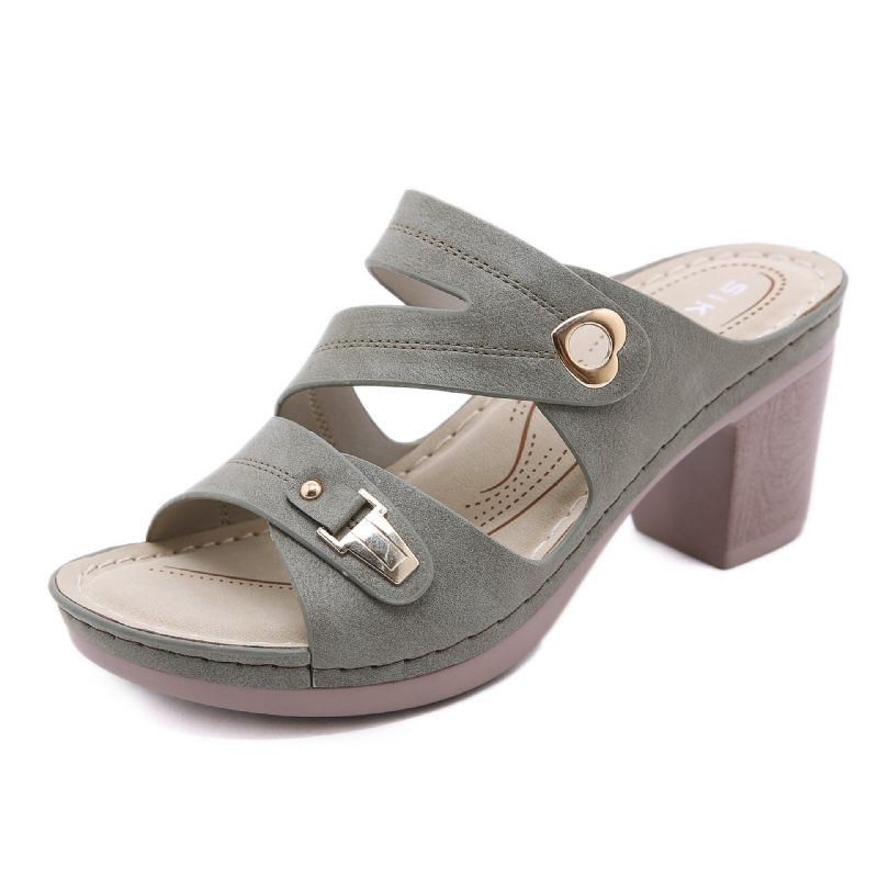 Dam Comfy Metal Spänne Peep Toe Rygglösa Chunky Heel Sandaler