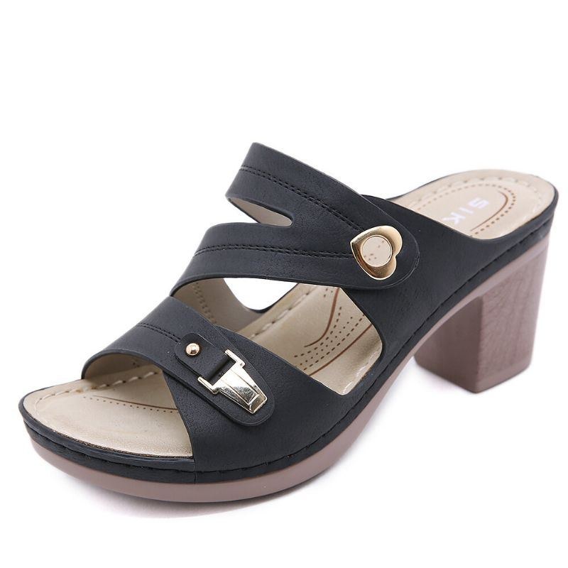 Dam Comfy Metal Spänne Peep Toe Rygglösa Chunky Heel Sandaler