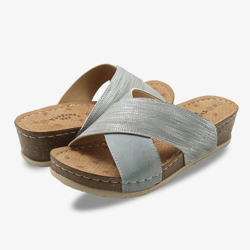 Dam Cross Splicing Öppen Tå Bekväma Sommar Casual Wedge Sandaler