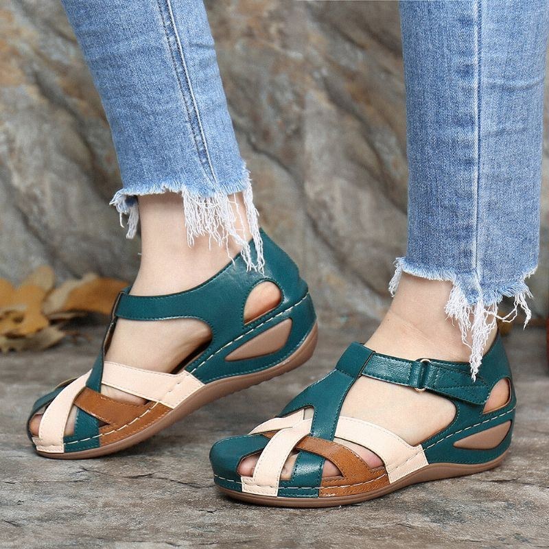 Dam Cutout Color Block Justerbar Rem Casual Summer Wedge Sandaler