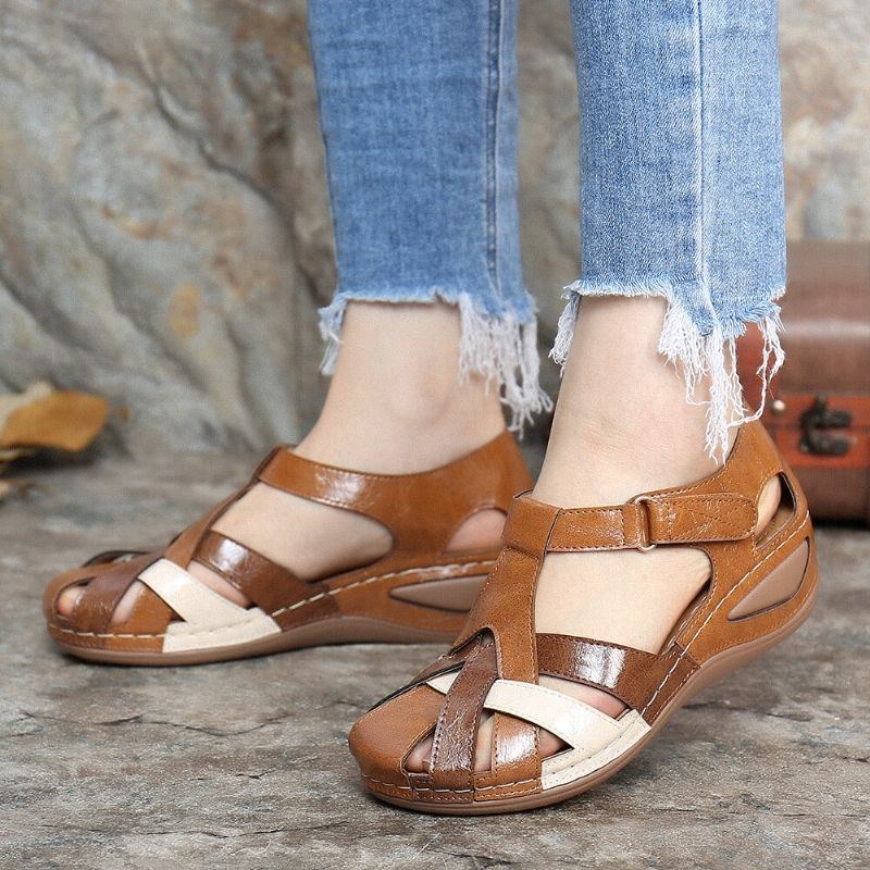 Dam Cutout Color Block Justerbar Rem Casual Summer Wedge Sandaler