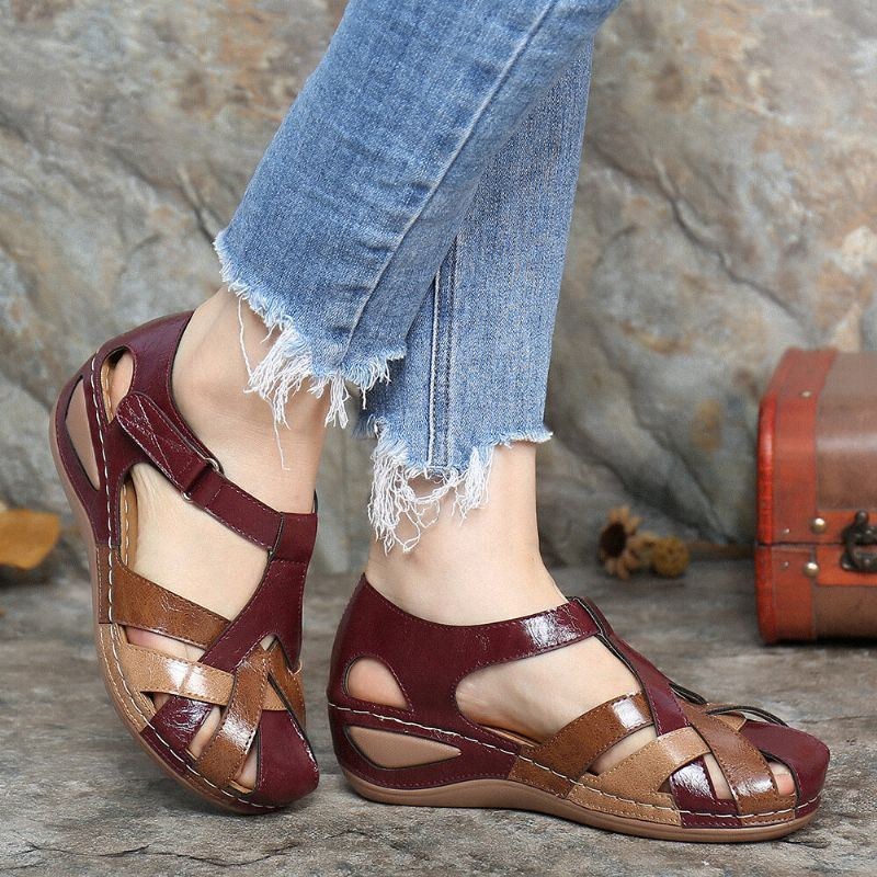 Dam Cutout Color Block Justerbar Rem Casual Summer Wedge Sandaler