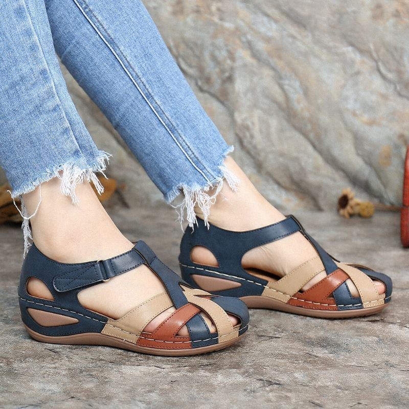 Dam Cutout Color Block Justerbar Rem Casual Summer Wedge Sandaler