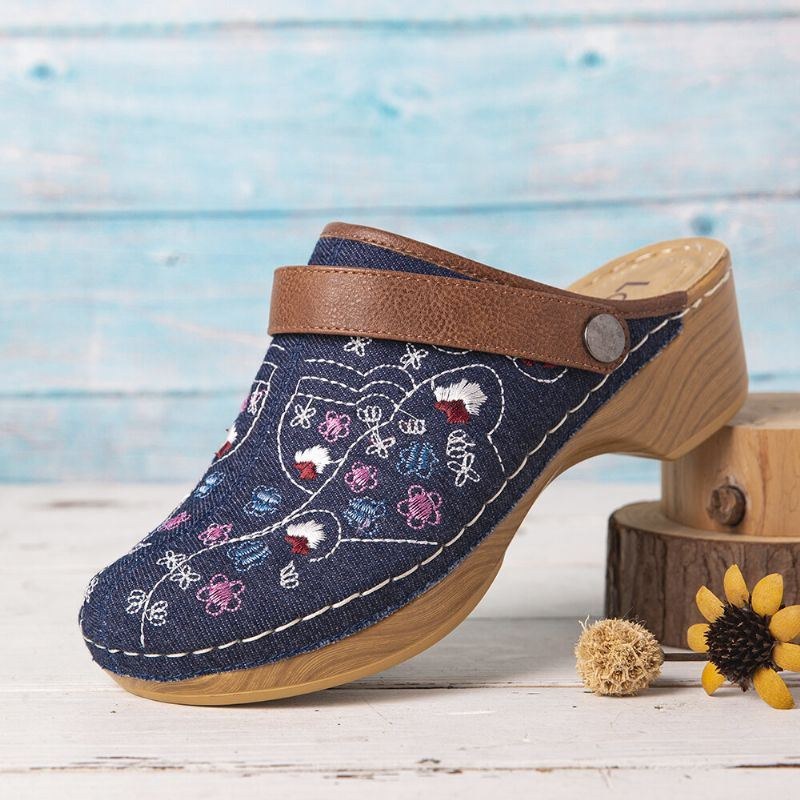 Dam Denim Blommor Broderi Closed Toe Clogs Sandaler