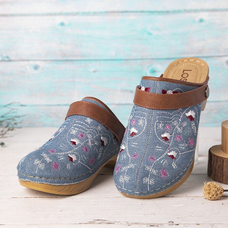 Dam Denim Blommor Broderi Closed Toe Clogs Sandaler