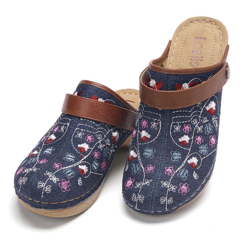 Dam Denim Blommor Broderi Closed Toe Clogs Sandaler