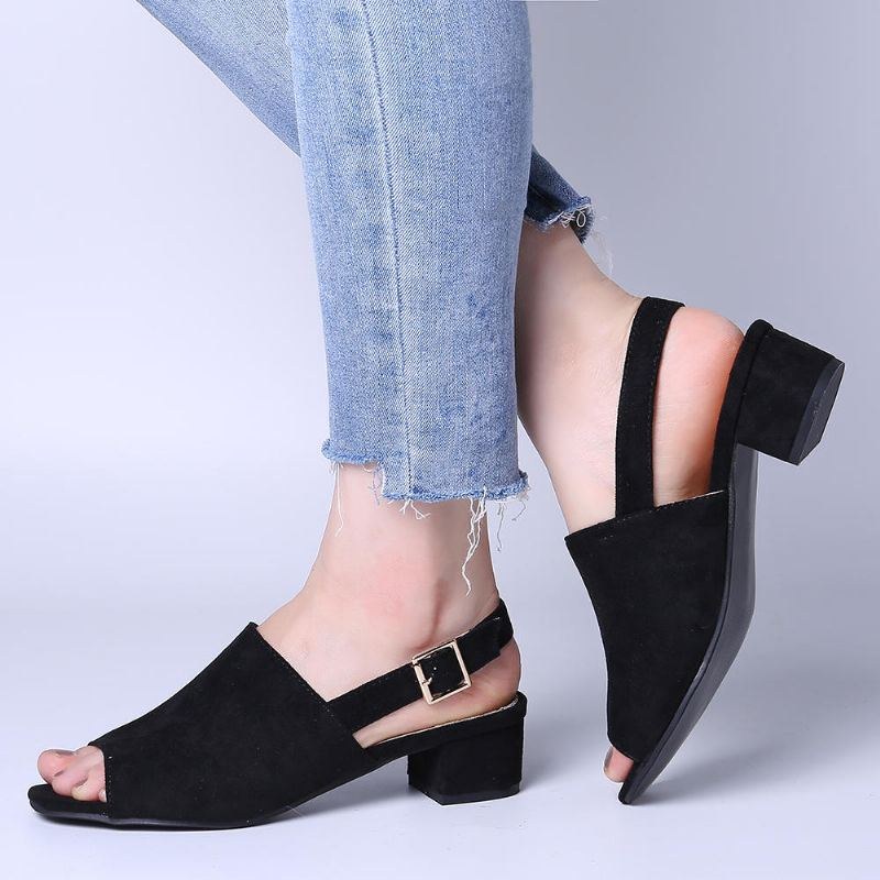 Dam Enfärgad Mocka Peep Toe Slingback Chunky Heel Casual Sandaler Med Dagliga Klackar