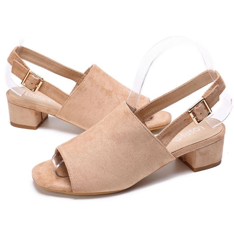 Dam Enfärgad Mocka Peep Toe Slingback Chunky Heel Casual Sandaler Med Dagliga Klackar