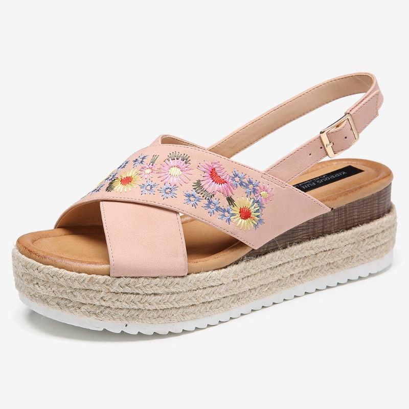 Dam Espadrilles Broderi Blommor Korsrem Slingback Casual Platform Sandaler