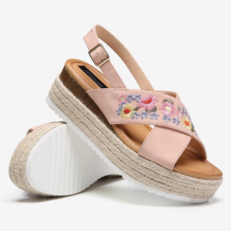 Dam Espadrilles Broderi Blommor Korsrem Slingback Casual Platform Sandaler