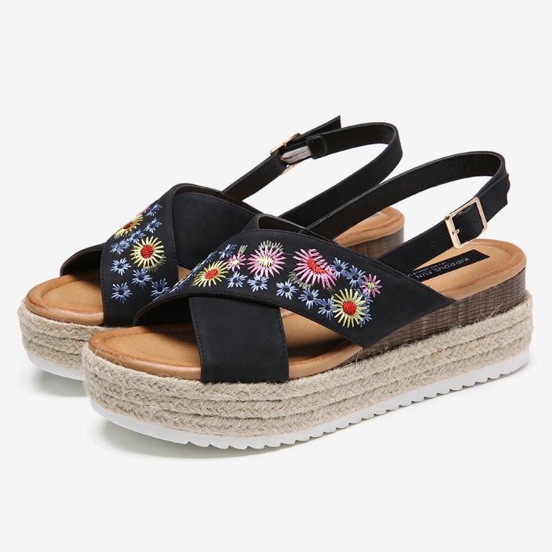 Dam Espadrilles Broderi Blommor Korsrem Slingback Casual Platform Sandaler