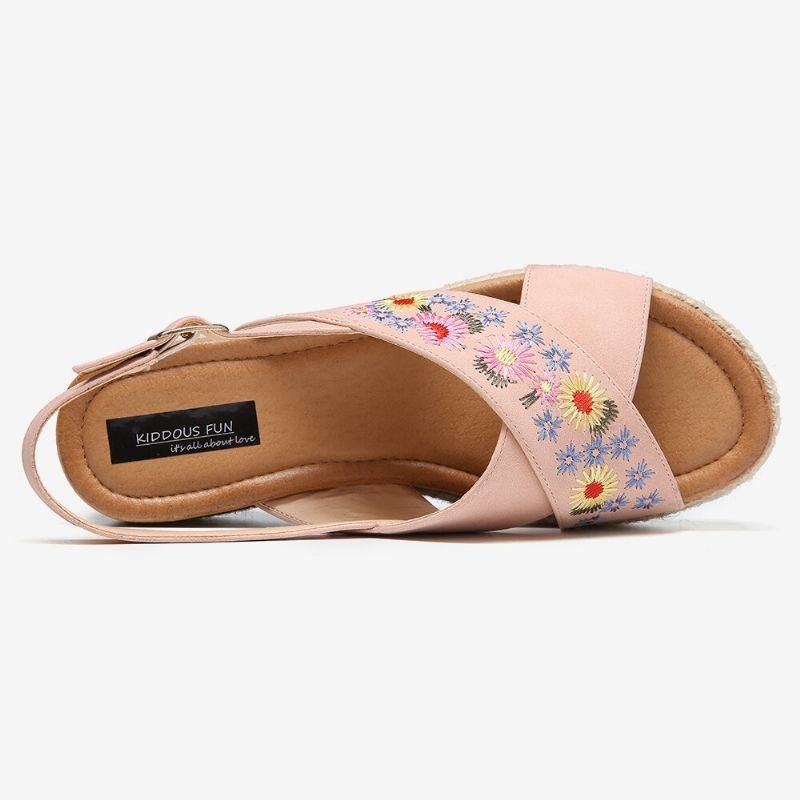 Dam Espadrilles Broderi Blommor Korsrem Slingback Casual Platform Sandaler