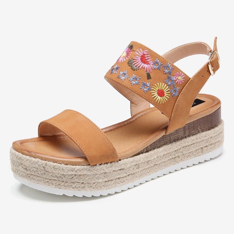 Dam Espadrilles Broderi Blommor Spänne Rem Slingback Platform Sandaler