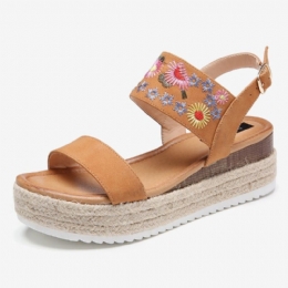 Dam Espadrilles Broderi Blommor Spänne Rem Slingback Platform Sandaler