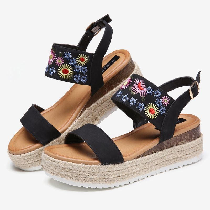 Dam Espadrilles Broderi Blommor Spänne Rem Slingback Platform Sandaler