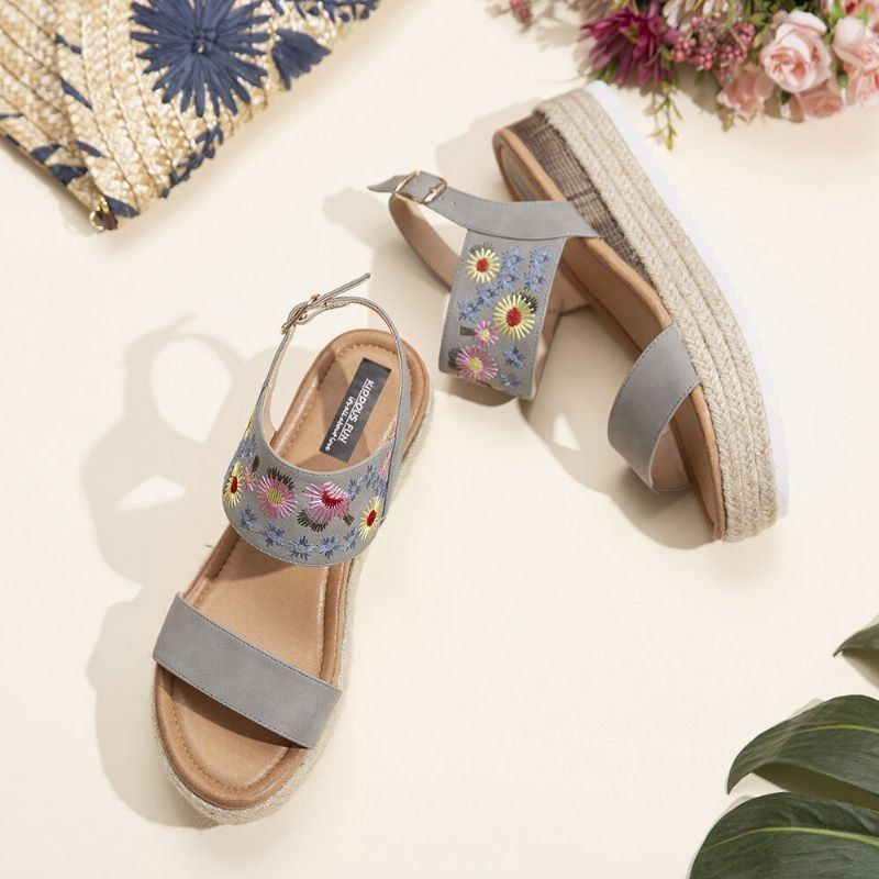 Dam Espadrilles Broderi Blommor Spänne Rem Slingback Platform Sandaler