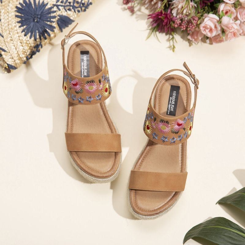 Dam Espadrilles Broderi Blommor Spänne Rem Slingback Platform Sandaler