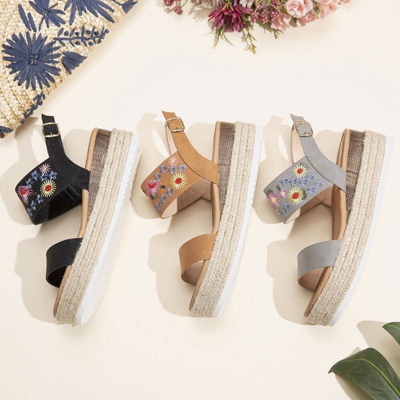 Dam Espadrilles Broderi Blommor Spänne Rem Slingback Platform Sandaler