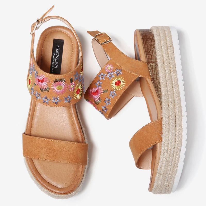 Dam Espadrilles Broderi Blommor Spänne Rem Slingback Platform Sandaler