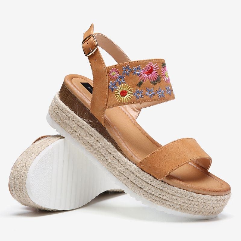 Dam Espadrilles Broderi Blommor Spänne Rem Slingback Platform Sandaler