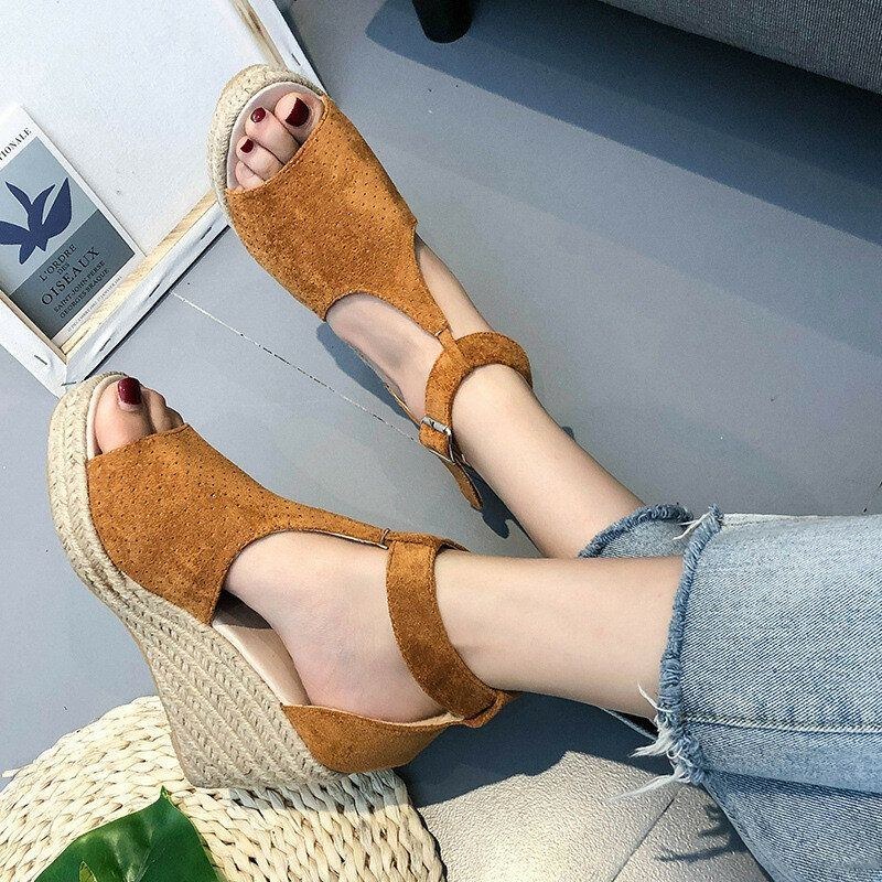 Dam Espadrilles Plus Size Open Toe Spänne Sommar Platform Wedge Sandaler