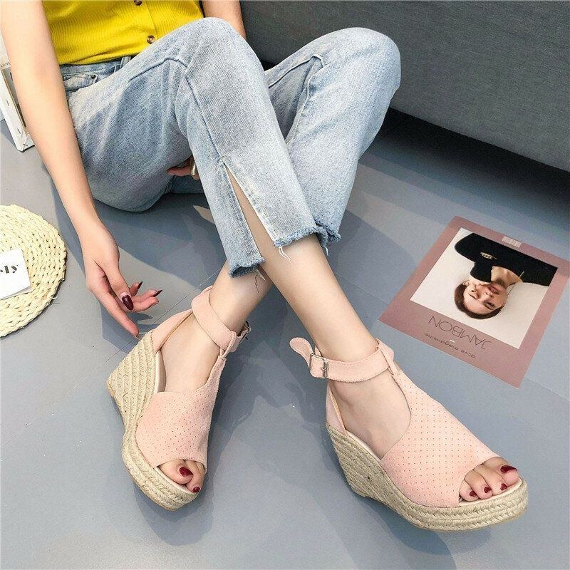 Dam Espadrilles Plus Size Open Toe Spänne Sommar Platform Wedge Sandaler