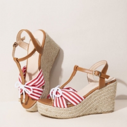 Dam Espadrilles Randig T-rem Cross Strap Casual Beach Wedge Sandaler