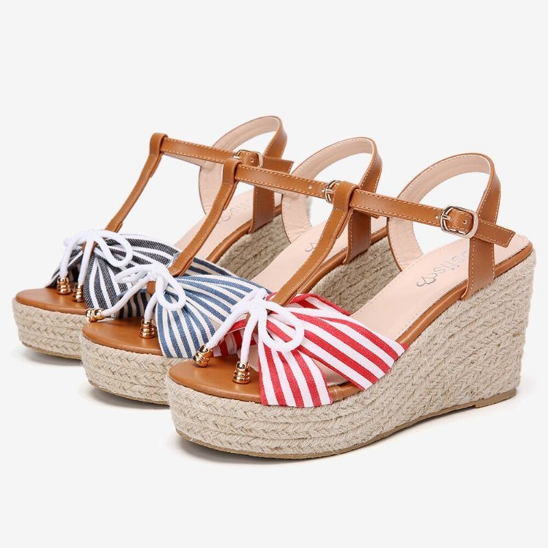 Dam Espadrilles Randig T-rem Cross Strap Casual Beach Wedge Sandaler