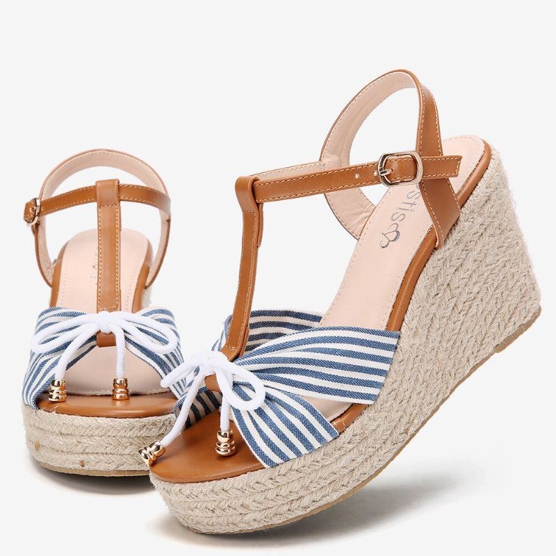 Dam Espadrilles Randig T-rem Cross Strap Casual Beach Wedge Sandaler