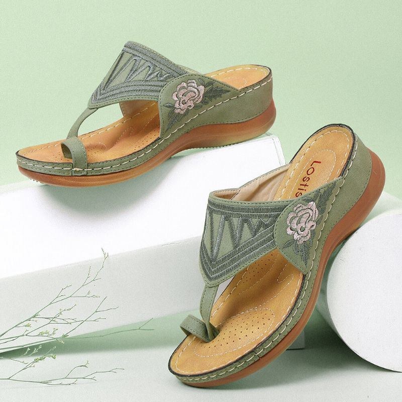 Dam Flower Brodery Toe Ring Bekväm Casual Daily Summer Wedge Sandaler