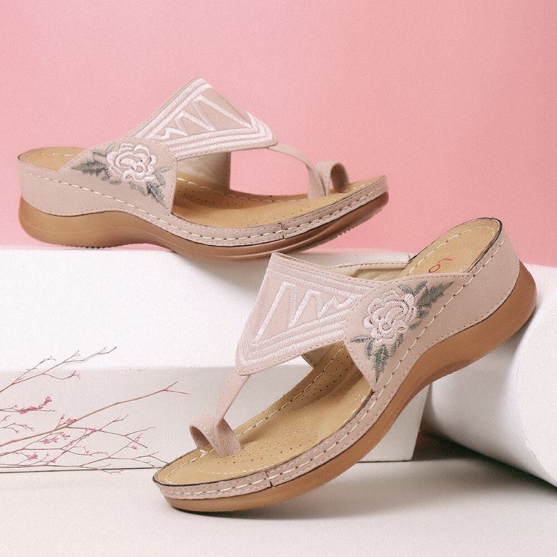 Dam Flower Brodery Toe Ring Bekväm Casual Daily Summer Wedge Sandaler