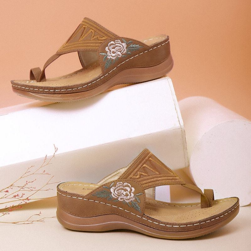 Dam Flower Brodery Toe Ring Bekväm Casual Daily Summer Wedge Sandaler