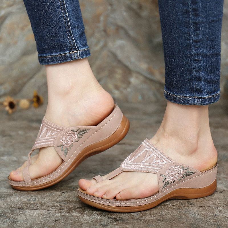 Dam Flower Brodery Toe Ring Bekväm Casual Daily Summer Wedge Sandaler