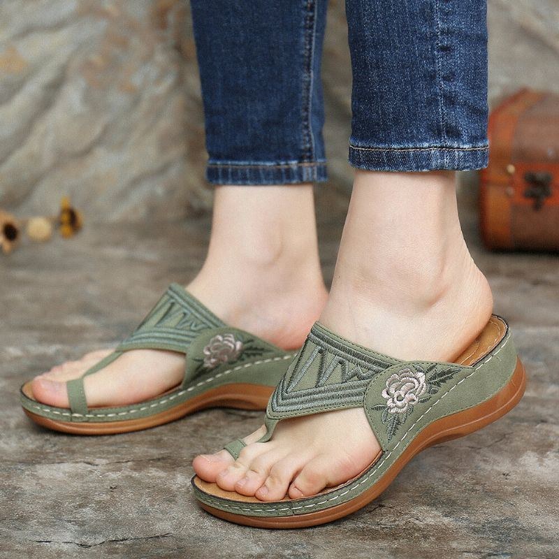 Dam Flower Brodery Toe Ring Bekväm Casual Daily Summer Wedge Sandaler