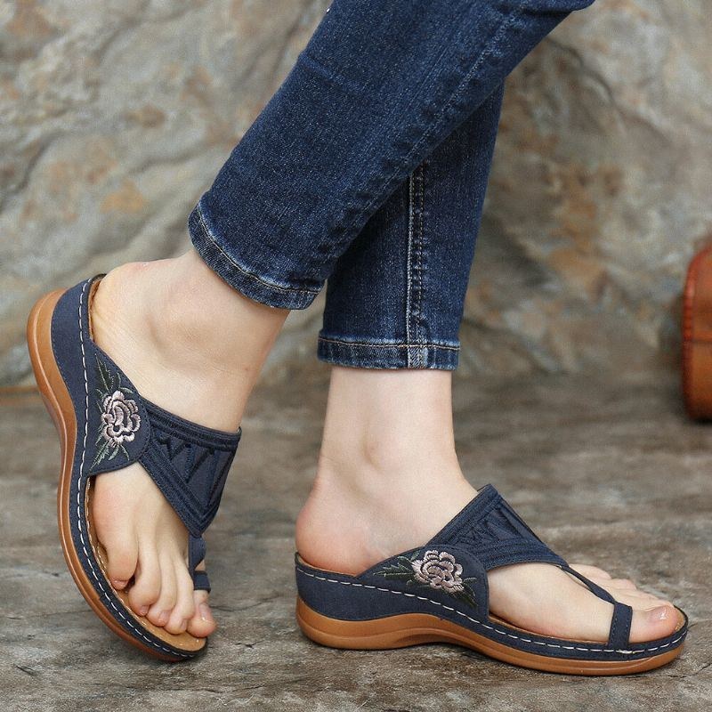 Dam Flower Brodery Toe Ring Bekväm Casual Daily Summer Wedge Sandaler